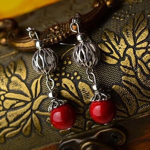 Fashion red nature stones vintage earrings,Tibetan Silver plated ethnic earrings,Chinese wind metal dangle earrings