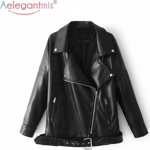 Aelegantmis Autumn Winter New Plus Size Loose Pu Leather Jacket Women Black Faux Leather Biker Jacket Female Street Outerwear