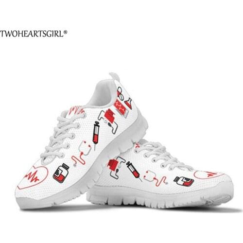 Twoheartsgirl Flats Shoes Women Nurse Heart Print Womens Sneakers Casual Comfortable Breathable Mesh Shoes for Ladies Shoes