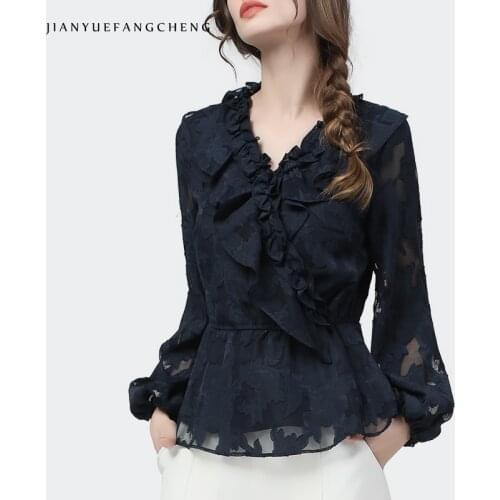 Fashion Lace Tops Women Spring Autumn New Long Sleeve Slim Ruffles All-Match Vintage Cut Floral Mesh V-Neck Bottoming Blouses