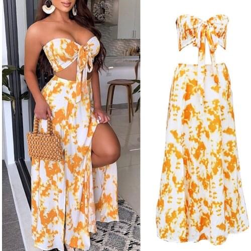 2021 Womens Summer New Sexy Bra Slim Dress Two Piece Lace Up Print Set Skirt Suits For Work Women For Blazer Feminino Hot Sale
