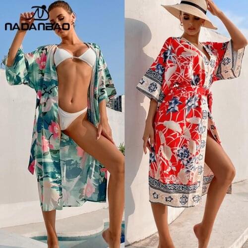 NADANBAO 2021New Women Sun Protection Beachwear Dress Smock Summer Long Swimming Suit Veil Floral Printed Sexy Bikini Beach Tops
