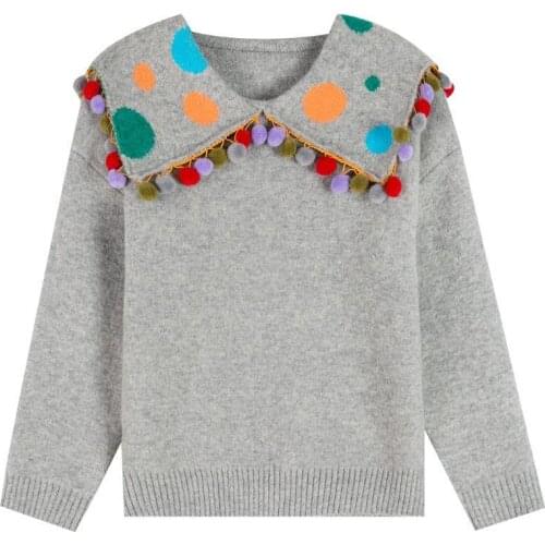 Sweet Cute Lapel Sweater Pullovers Women Turn Down Collar Ball Tassel Knitted Jumpers Grey Chic Navy Style Jumpers 2020 Winter