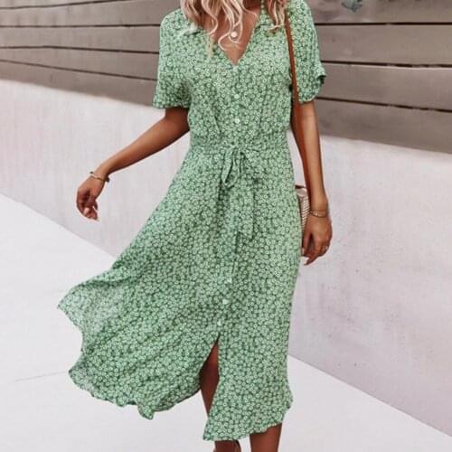Vintage Beach Boho Summer Dress for Women Floral Print Short Sleeve Single-breasted Loose Midi Dress High Waist Dress Sundress