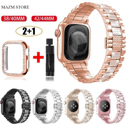 Diamond Case+Stainless Steel Strap for Apple Watch Series 6 5 4 SE 3 Band Metal Correa Bracelet for Apple Watch 42/38/40/44mm