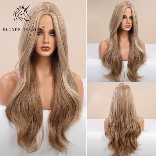 Blonde Unicorn Ombre Long Wavy Dark Brown Synthetic Wig for White Black Women Daily Party High Density Temperature Fibre Hair