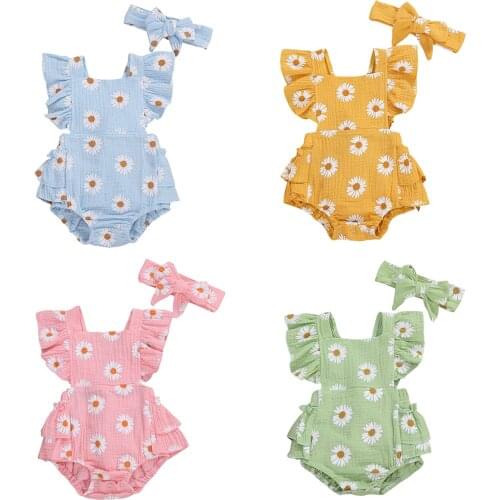 Newborn Infant Baby Girls Boys Bodysuits Headband Flowers Print Ruffles Short Sleeve Backless Jumpsuits 4 Colors