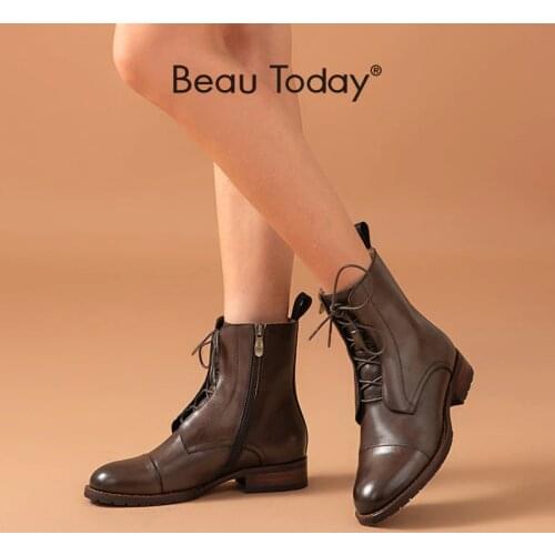 BeauToday Ankle Boots Women Cow Leather Retro Round Toe Lace-Up Closure Fashion Ladies Shoes Autumn Footwear Handmade 03680