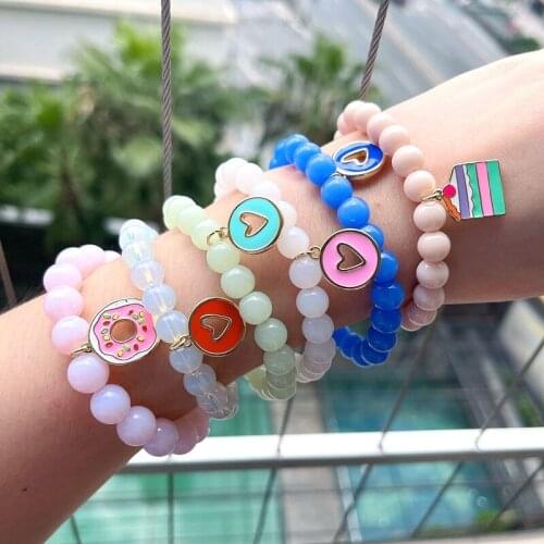 5Pcs New Natural Stone Women Beaded Bracelet Enamel Cake Donuts Heart Pendant Charms Bracelet Fashion Jewelry For Gift