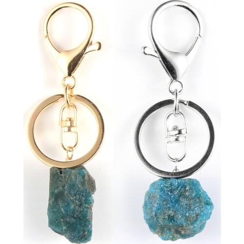 Women Men Natural Blue Apatite Phosphorite Irregular Gem Stone Quartz Key Chain Gold Silver Color Key Rings Keychain Jewelry