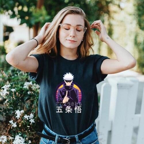 Womens Japan Anime Jujutsu Kaisen Printed T Shirt Cool Kawaii Gojo Satoru Graphic Cotton Tops Fashion Casual Loose Tee