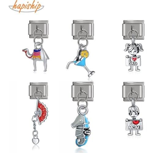 Hapiship 2021 New Original Daisy Boy Girls Hippocampus Camel Charm Links Fit 9mm Bracelet Stainless Steel Jewelry Making DJTop31