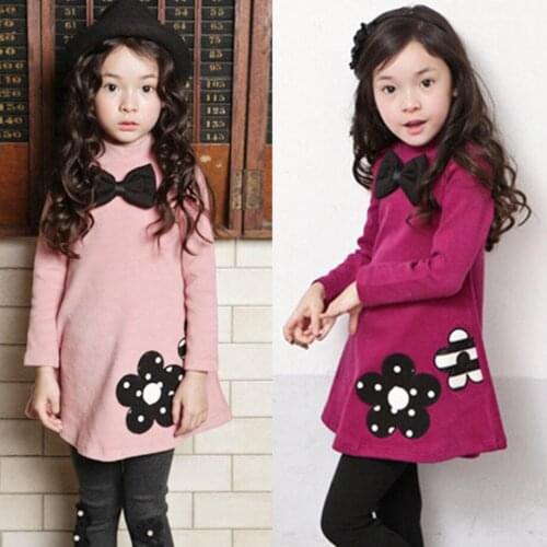 Autumn Winter Dress For Girls Cotton Christmas Costume Thick Velvet Warm Kids Clothes Girls bowknot flowers High neck dress