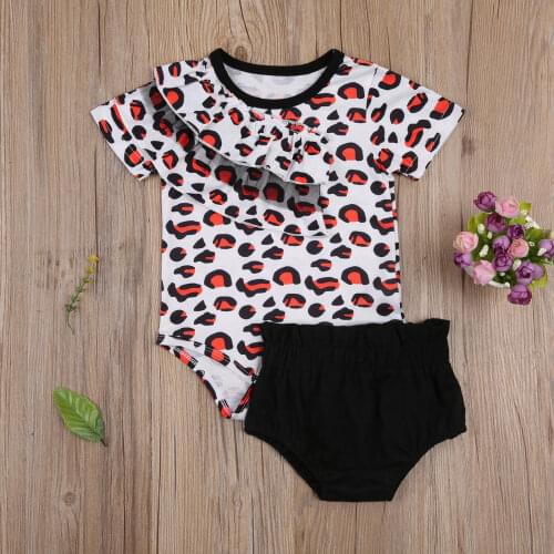 2Pcs Baby Summer Clothing Outfit Girls Fashion Leopard Print Ruffle Short Sleeve Round Collar Romper + Casual Shorts