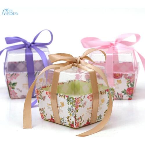 AVEBIEN 20pcs Wedding Event Candy Box with Ribbon Dessert Packaging Flower Favor Gift Bag for Marriage Easy Fold Chocolate Box