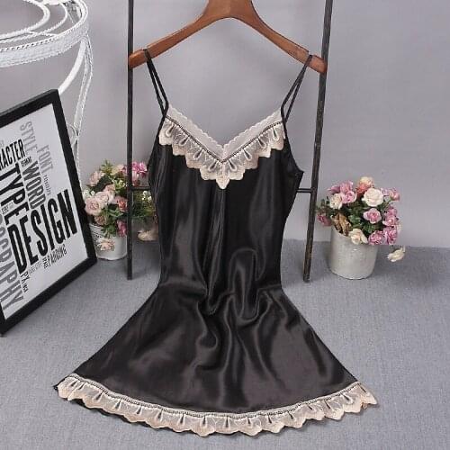 Lace Nightdress For Women Silk Satin Sleeveless Sleepwear Sexy V-neck Nightgown Lingerie Night Dress Ladies Summer Homewear #F