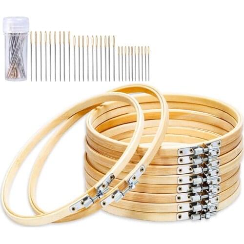LMDZ 10 Pack Wholesale Bamboo Circle Cross Stitch Hoop Ring with 30 Pieces Large Eye Embroidery Needles, Cross Stitch Supplies