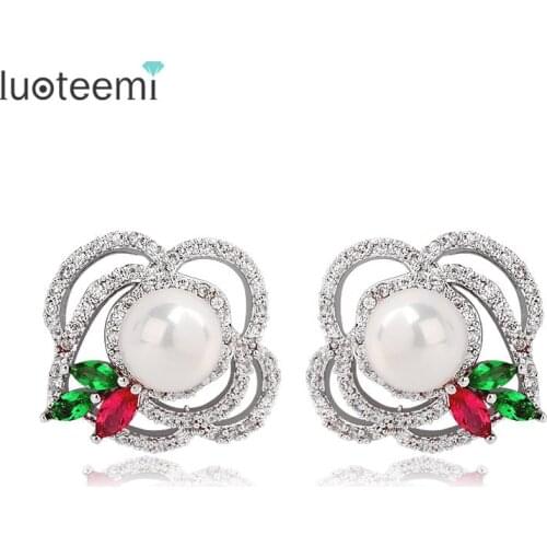 LUOTEEMI Fashion Multi CZ Flower Stud Earrings for Women Single White Imitation Pearl Elegant Jewelry White Gold-Color Brincos