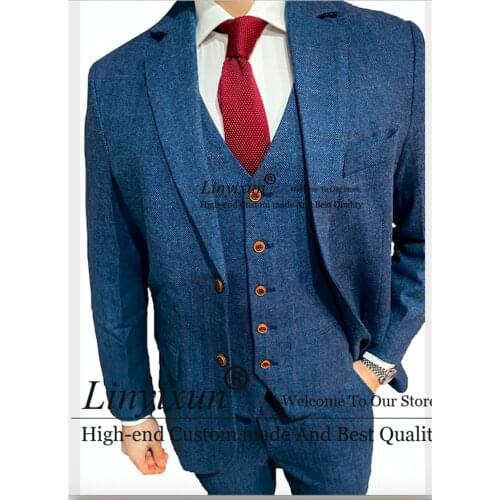 Mens Tweed Suits High Quality Plaid Wedding Groom Tuxedos Single Button Notch Lapel Slim Fit 2 Pieces Men Business Blazer