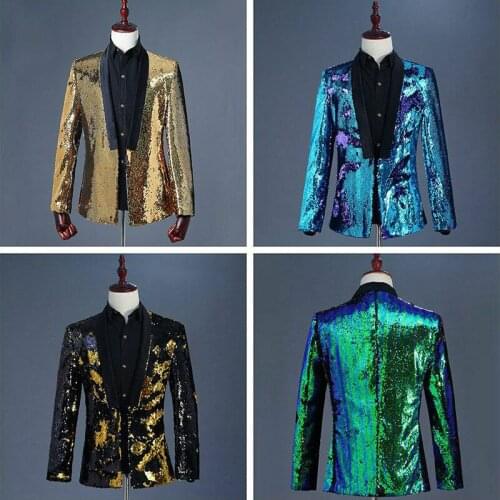 Mens Reversible Two Tone Glitter Sequins Jacket Suit Blazer Fancy Dress Outfit