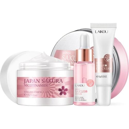 Face Skin Care Set Cherry Blossom Essence Moisturizing Collagen Eye Cream & Face Serum & Facial Mud Mask Beauty Makeup Set