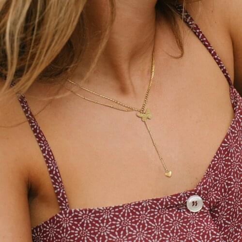 Butterfly Lariat Necklace, Danity Y Shap Heart Pendant, Stainless Steel Layered Collar Bohemian Jewelry