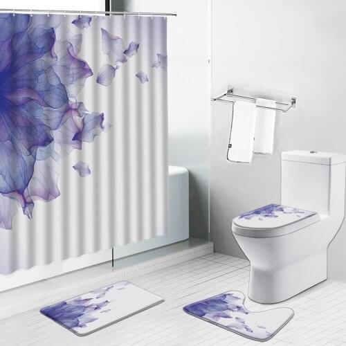 Purple Flowers Shower Curtain Non-Slip Rug Toilet Lid Cover Bath Mat Red Yellow Blue Green Bathroom Curtains Set Kitchen Carpet