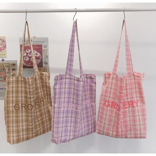 Sweet Candy Color Women Canvas Shopping Bag Large Capacity Student Girls Shoulder Bags Retro Plaid Ladies Casual Tote Handbags