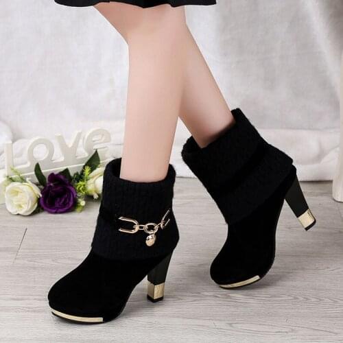 2019 Women Ankle Boots Plus Size 35-43 Med Square Heels Ladies Snow Boot Feather Office Female Shoes Woman Botas Mujer Crystal