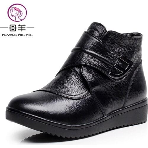 Natural Wool Women Boots Genuine Leather Flat Ankle Boots Winter Warm Ladies Shoes Woman Snow Boots Plus Size HOT