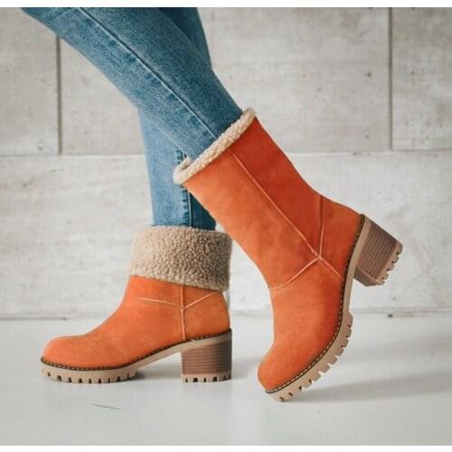 Women Mid-Calf Boots Winter Add Velvet To Keep Warm Shoes 2020 New Hoof Heels Snow Boots Slip-On Shoes