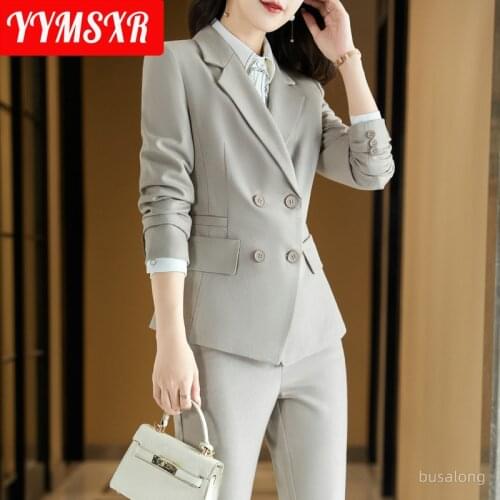 Plus Size Womens Business Suit Two-piece Autumn and Winter Elegant Double-breasted Ladies Jacket Versatile High-waist Trousers