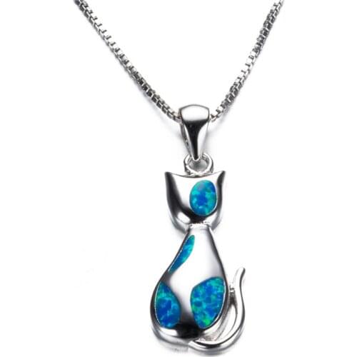Female Blue Opal Cute Small Cat Pendant Necklace Vintage Silver Color Chain Necklaces For Women Wedding Jewelry Animal Necklace