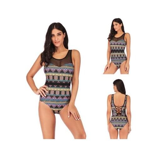 Plus Size Monokini Swimsuit U Neck Beachwire Sexy Strappy Back Swimwear Mesh Bathing Suit