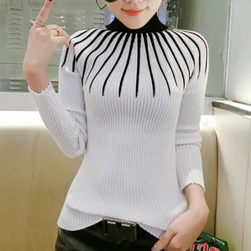 Shintimes Female Turtleneck Sweater Autumn Woman Sweaters Long Sleeve Korean Fashion Striped Color Matching Clothes Pull Femme