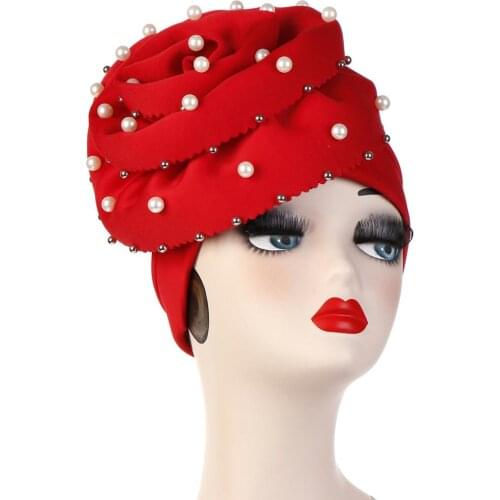 Helisopus Pearls Beaded Party Turban Hijab Cap Women Big Elastic Hair Loss Bandanas Muslim Head Wrap Elegant Hair Accessories