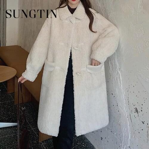 Sungtin Autumn Winter Horn Button Vintage Coat Furry Women White Faux Lamb Wool Coat Long Thick Loose Outerwear Korean Chic 2020