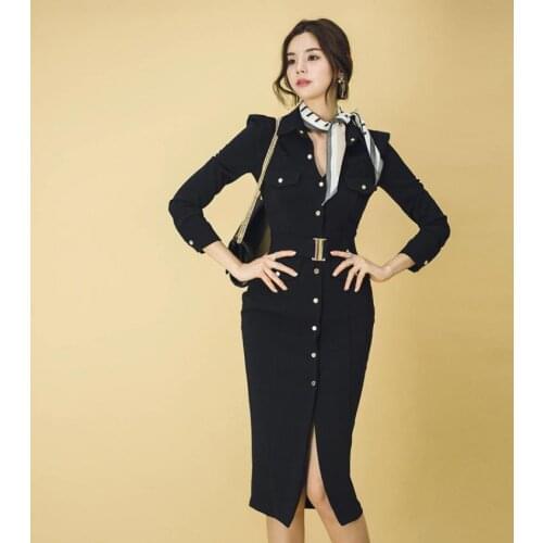 2021 Spring Autumn New Womens Korean OL Style Black Pencil Dress Elegant Single Breasted Belted Slim Mid-Length Dress Female