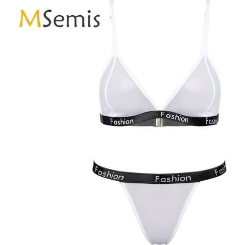 Womens Sexy Lingerie Set See-through Mesh Erotic Underwear Set Spaghetti Strap V Neck Unlined Bra with Low Waist G-string Briefs