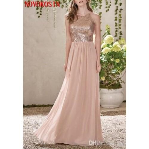 2019 New Rose Gold Bridesmaid Dresses A Line Spaghetti Backless Sequins Chiffon Long Beach Wedding Gust Dress Maid of Honor Gown