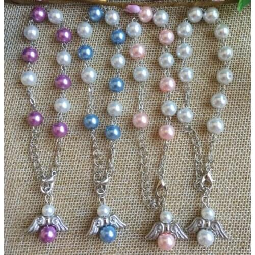 6pcs/pack mixed color 8mm glass rosary bracelet,religious faux pearl bead bangle with angel wing pendant