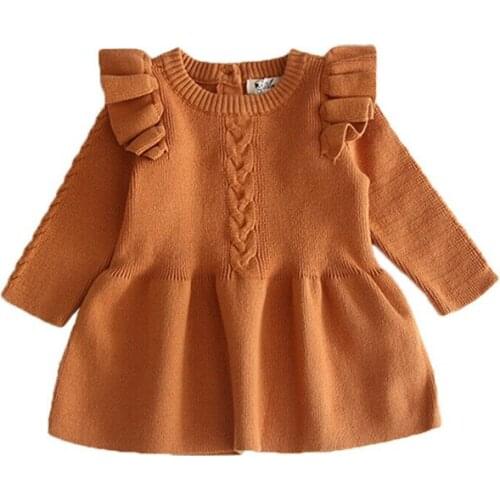 Kids Baby Girls clothes Knitted Winter Crochet Princess round neck Ruffle long sleeve solid Toddler cotton Dresses one pieces