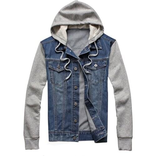 Men Hooded Denim Jacket Mens Casual Jean Jackets Mens Streetwear Cowboy jacket Male Hat Detachable Coat