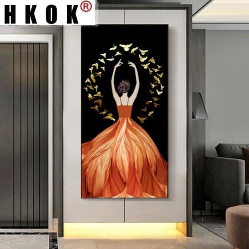 HKOK Mystrial Dancer Girl Red Dress Canvas Painting Portrait Posters And Prints Wall Art for Living Room Entrance Home Decor