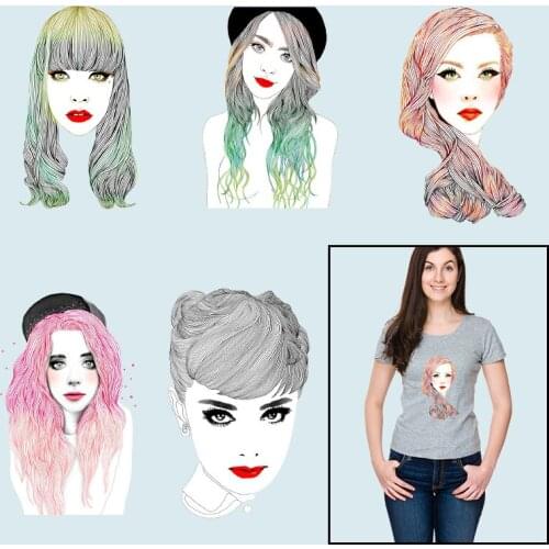 Colorful hair Red lip Beauty DIY Appliques Stickers on Clothes Thermal transfer printing Heat Transfer PVC Patch