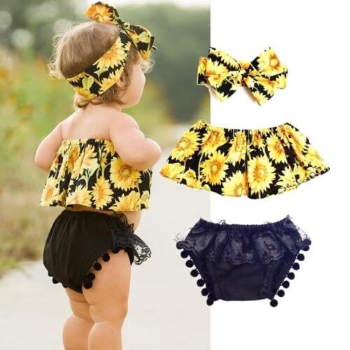 2020 Summer Newborn Toddler Baby Girls Swimsuit Clothes Sunflower Print Swimwear 3pcs Outfits Biniki Set