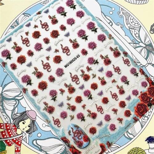 MG180525-03 MG180525-08 Little snake in the sea of roses 3D Back glue Nail Art Stickers Decals Sliders Nail ornament decoration