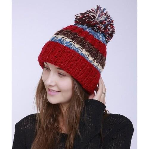 MingJieBiHuo Autumn and winter new style knitted womens hats Hand-woven striped colors spelled with wool ball girls hat