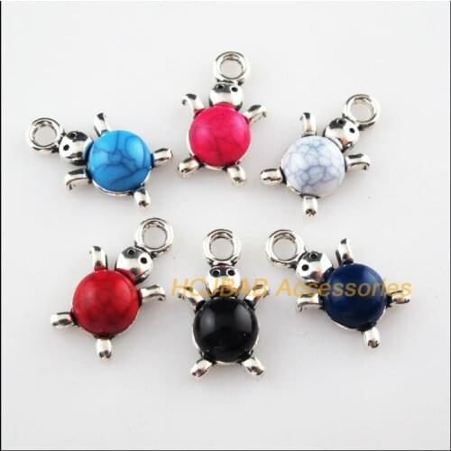 12 New Tortoise Mixed Charms Stone Tibetan Silver Tone Pendant 14x23mm