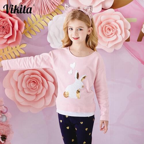 VIKITA Girls Tops Long Sleeve Clothes Girl Sequins Clothing Autumn Spring Cartoon Sweatshirt Children Cotton Costumes Outfits